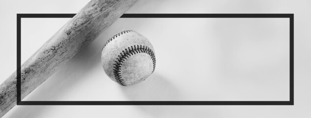 Baseball frame with old ball and bat for sports banner, vintage equipment in black and white.