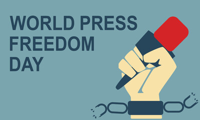 World press freedom day. Raised fist holding a microphone. Impunity for crimes against journalism protest. Revolution, protest. Freedom of speech concept. May 3. Celebration banner or poster.