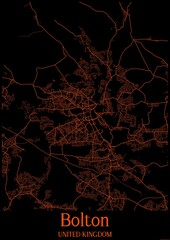 Black and orange halloween map of Bolton United Kingdom.This map contains geographic lines for main and secondary roads.