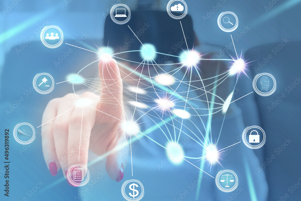Poster hand touching modern interface digital transformation and metaverse concept. connection next generat