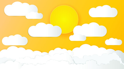 Cloudscape, yellow sky with clouds and sun, paper cut art style