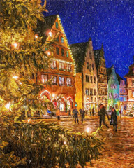Fototapeta premium Colorful painting modern artistic artwork, real brush strokes, drawing in oil European famous old street view, beautiful old vintage houses, design print for canvas or paper poster, touristic product