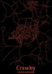 Black and orange halloween map of Crawley United Kingdom.This map contains geographic lines for main and secondary roads.