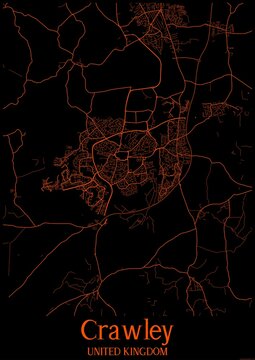 Black and orange halloween map of Crawley United Kingdom.This map contains geographic lines for main and secondary roads.