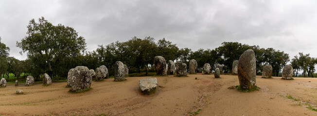 panorama view of the Cromlech of the Almendres megalithic complex in the Alentejo region of Portugal