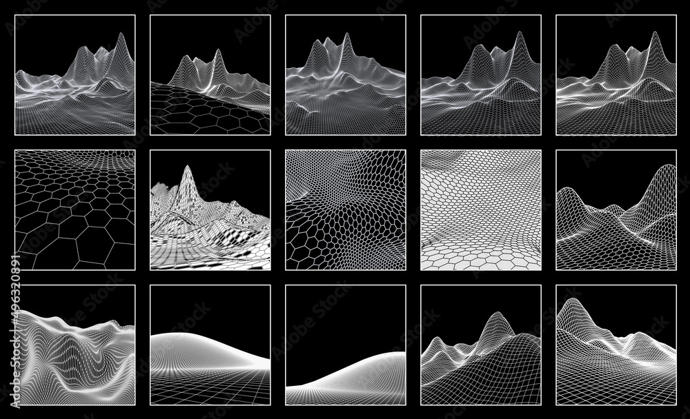 Poster wireframe landscape backgrounds set. eps 10 vector illustration. terrain digital topography wirefram