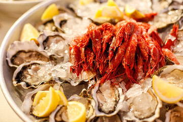 pesce servito a crudo come gamberi e ostriche in una tavola imbandita 