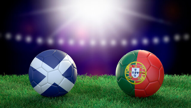 Two soccer balls in flags colors on stadium blurred background. Scotland and Portugal. 3d image