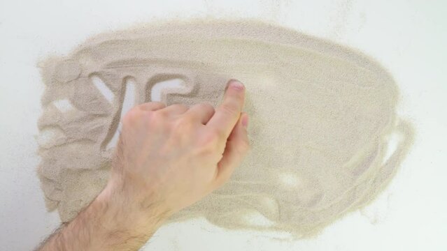 yeah wow Top view draw on the sand. Caucasian hands write text in beige sand. Vacation and travel. Beach on vacation. Sand painting. Creativity from natural materials.