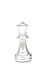 Silver queen chess figure isolated on white background. Chess is a game of war to fight with strategy between two players.