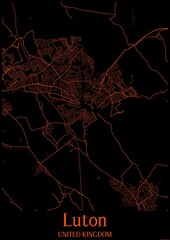 Black and orange halloween map of Luton United Kingdom.This map contains geographic lines for main and secondary roads.