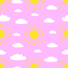 Vector seamless pattern with sun and clouds on pink background