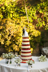 cake topper posizionati sopra la torta di nozze raffiguranti gli sposi in miniatura isolati su...