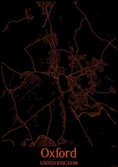 Black and orange halloween map of Oxford United Kingdom.This map contains geographic lines for main and secondary roads.