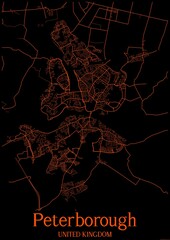 Black and orange halloween map of Peterborough United Kingdom.This map contains geographic lines for main and secondary roads.