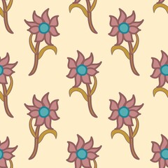Cartoon style floral vector seamless repeat pattern in pink and blue on a cream background