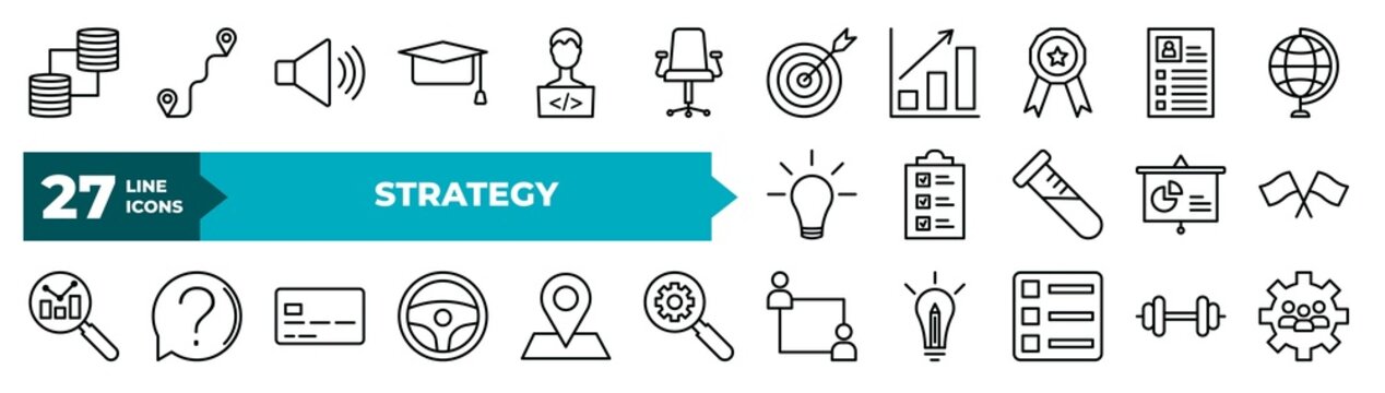 strategy thin line icons set. editable outline icons collection. data, path, speaker, graduation, programmer vector.