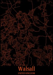 Black and orange halloween map of Walsall United Kingdom.This map contains geographic lines for main and secondary roads.