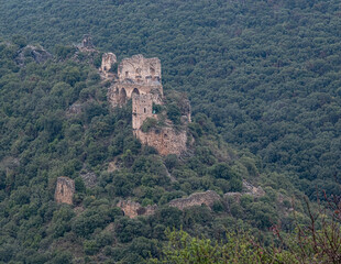 Fototapeta na wymiar View of Montfort Crusader's Castle from Goren Park observation point on a rainy and cloudy winter morning, Shlomi, Western Galilee, Israel. 