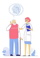 Dementia concept with doctor and memory loss old man.