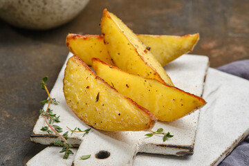 Fried potato wedges. Potato wedges fries chips with thyme. Shallow depth of field