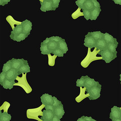 Broccoli Vegetables Seamless Pattern on Black Background. Vector