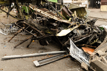 The trolleybus was destroyed on the street after Russian shelling. consequences of the war in Ukraine. broken transport.