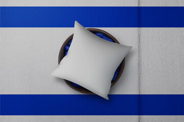 Patriotic pillow mock up on background in colors of national flag. Israel
