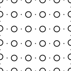 Vector illustration. Geometric seamless pattern. Solid dots and rhombus-shaped linear circles. Spotted black and white background. Simple black and white abstract pattern.
