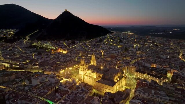 Aerial view of Jaen Cathedral after sunset. Jaen, Andalucia, Spain