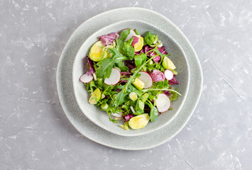 Tuna salad in grey bowl, copy space