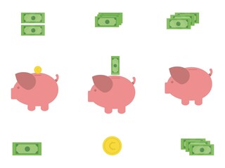Piggy bank and green dollars money simple vector illustration in flat style 
