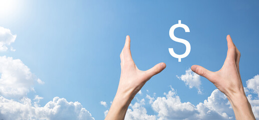 Male hand holding a document icon on blue background. Document Management Data System Business...