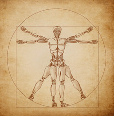 Leonardo da Vinci's Vitruvian Man as a Robot, hand drawn Illustration metaphor for artificial intelligence