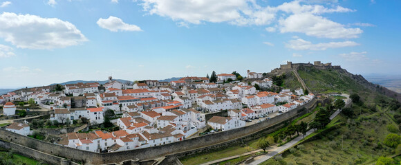 Fototapeta na wymiar aerial view of the walled historic town of Marvao with its castle on the hill