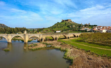 aerial view of the Guadiana River and the town of Medellin with old bridge and castle