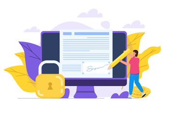 Digital signature, Electronic Smart contract. Vector illustration