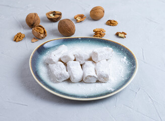 Traditional Turkish delight lokum with walnut.