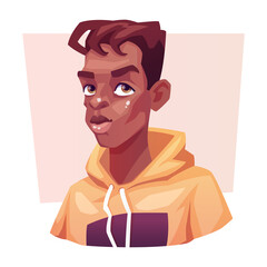 Male portrait. Black young guy. Programmer, application developer, IT specialist, designer. Avatar for a social network. Vector cartoon illustration.