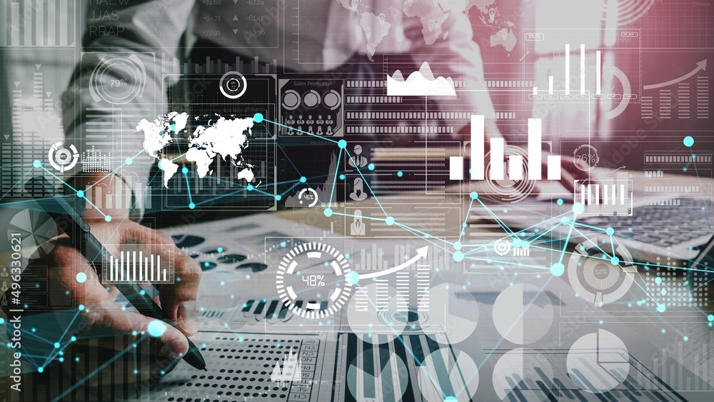 Poster conceptual business dashboard for financial data analysis . 3d render computer graphic .