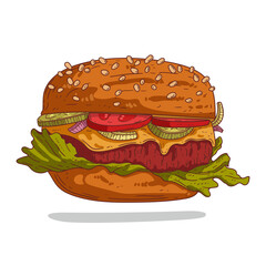 A hamburger, isolated vector illustration. Colored sketch drawn illustration of delicious burger with meat and vegetables. Street food cafe logo, signboard, menu decoration, ad banner design element