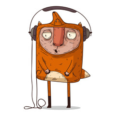 A music fan, isolated vector illustration. A guy wearing a fox pajama enjoying the melody. A hipster dude listening to the song on big wired headphones. An urban character. A melomaniac.