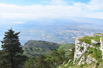 View of Trapani and the surrounding countryside, from Erice, a historic town and comune in the...