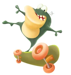 Zelfklevend Fotobehang Illustration of a Cute Green Frog. Skateboarder. Cartoon Character. © liusa