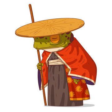 A Samurai, vector illustration. Calm anthropomorphic sensei frog, wearing a kimono and casa straw hat leaning on the staff. Humanized toad. The sage. The elder. An animal character with a human body.