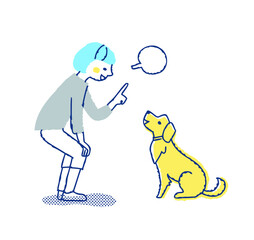 犬にコマンドを言っている若い女性