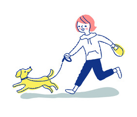 Obraz premium 散歩中に一緒に走る犬と若い女性