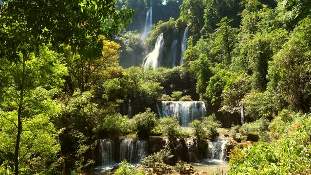 Biggest waterfall Thi Lo Su Waterfall or Thee Lor Sue in Thailand in Tak province. Largest and beautiful travel destination in Thai Umphang Wildlife sanctuary. Amazing landscape and tropical nature