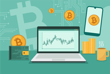 Illustration of pc showing bitcoin traiding graphs. investment concept illustration