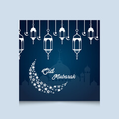 Eid Mubarak Greeting Card. Social Media post template with moon and abstract lantern background.